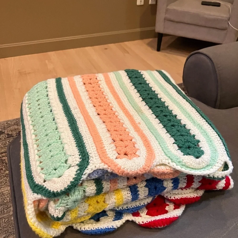Vintage Handmade Crochet Throw Multicolor Stripe Pattern Scalloped Border